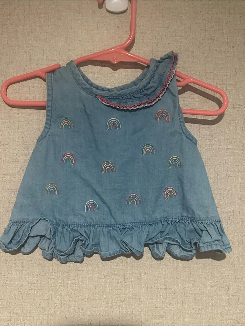 Mud Pie 6/9M Denim Blue Rainbow Embroidered Tank